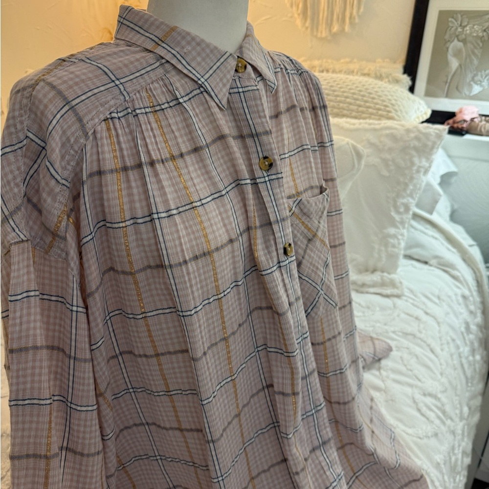 Free People Plaid Button Down Shirt - pink Cream and Gold - Picture 2 of 9